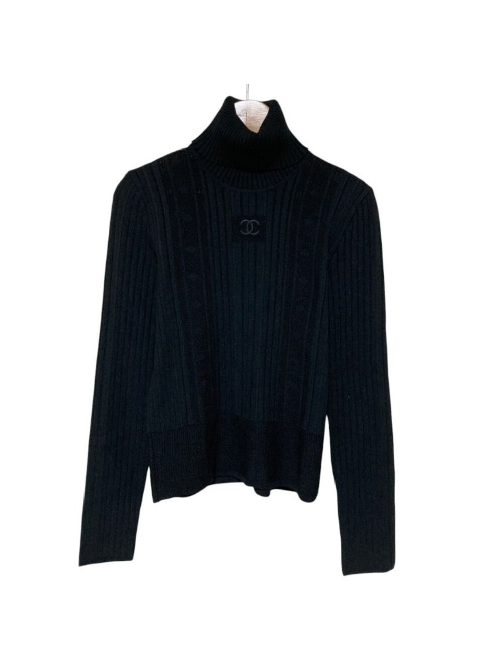 Chanel 05A CC Logo Turtle Neck Rib Knit Sweater Black Fall Winter 38